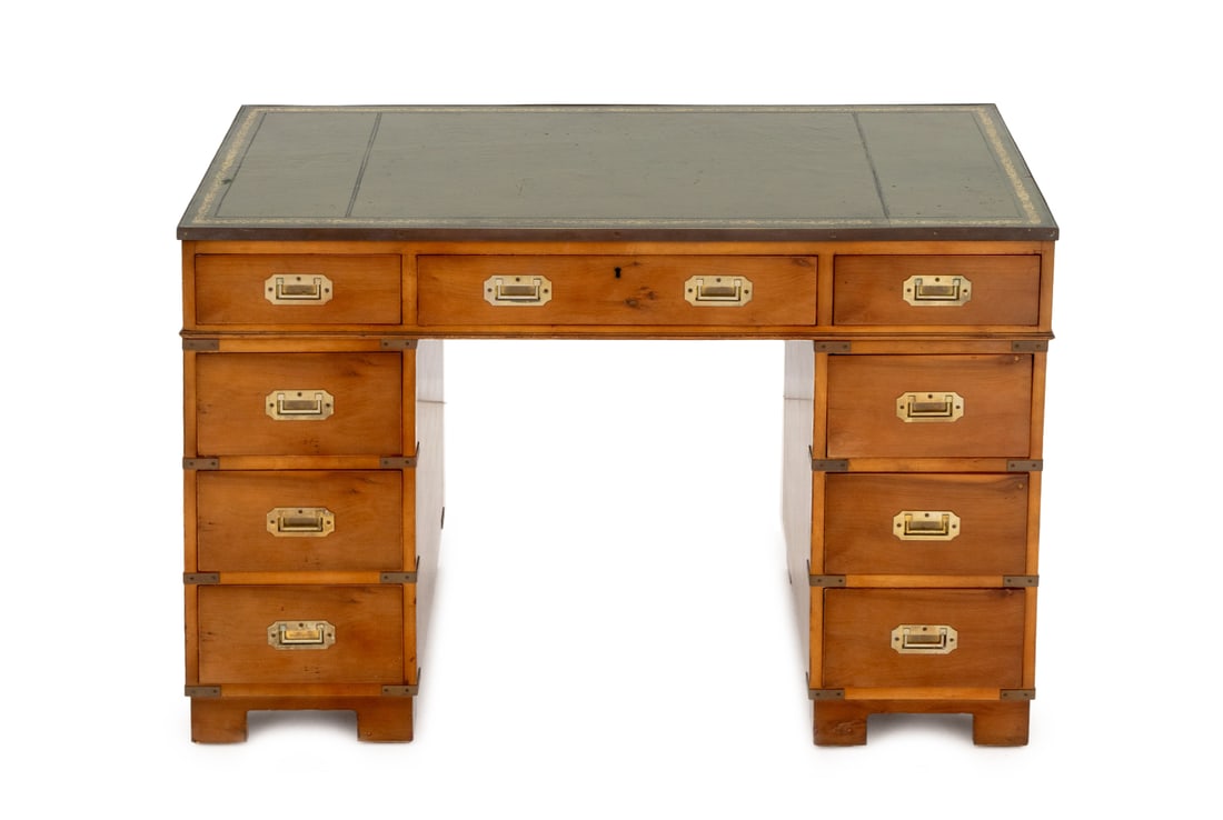 Campaign Style Yew Wood Writing Desk: Campaign Style Yew Wood Writing Desk, with gilt-tooled green leather top above three drawers upon two supports with three drawers each. 31.25 H x 47 W x 23" D. Provenance: From a New York City Collect