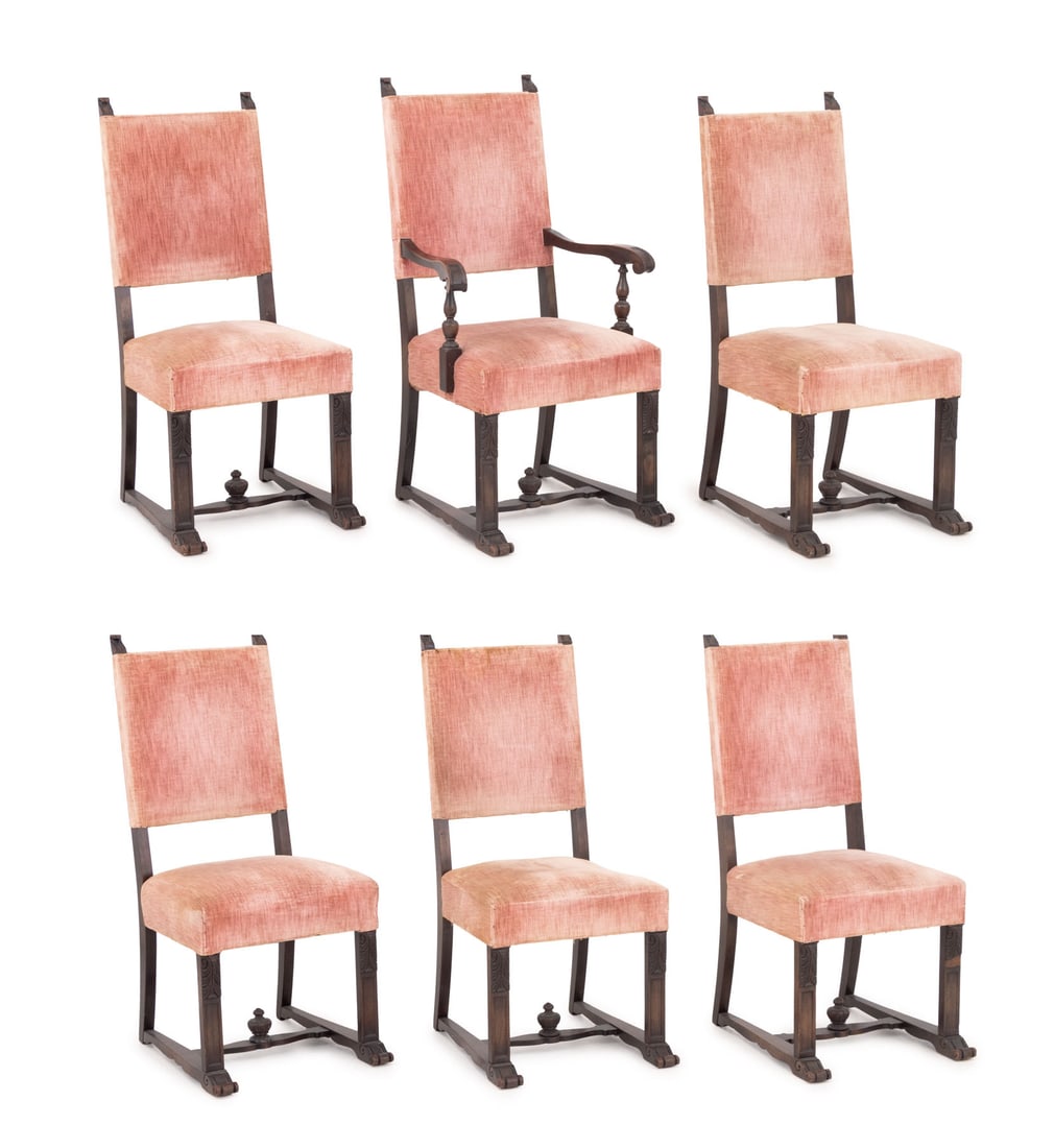 Renaissance Style Mahogany Dining Chairs, 6: Set of Six Renaissance Style Pink Velvet Upholstered Mahogany Dining Chairs, one armchair and five side chairs, with scroll form feet conjoined by stretcher. 42.25" H x 19" W x 22" D; seat: 19" H. Pro