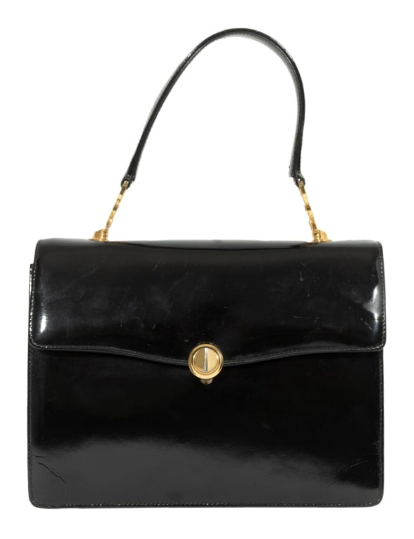Gucci Black Patent Leather Handbag: Gucci Black Patent Leather Handbag, with top handle, gold-tone metal hardware, single interior zipper pocket and two slip pockets, marked "Made in Italy / By / Gucci" inside, with beige dust bag. 10.5