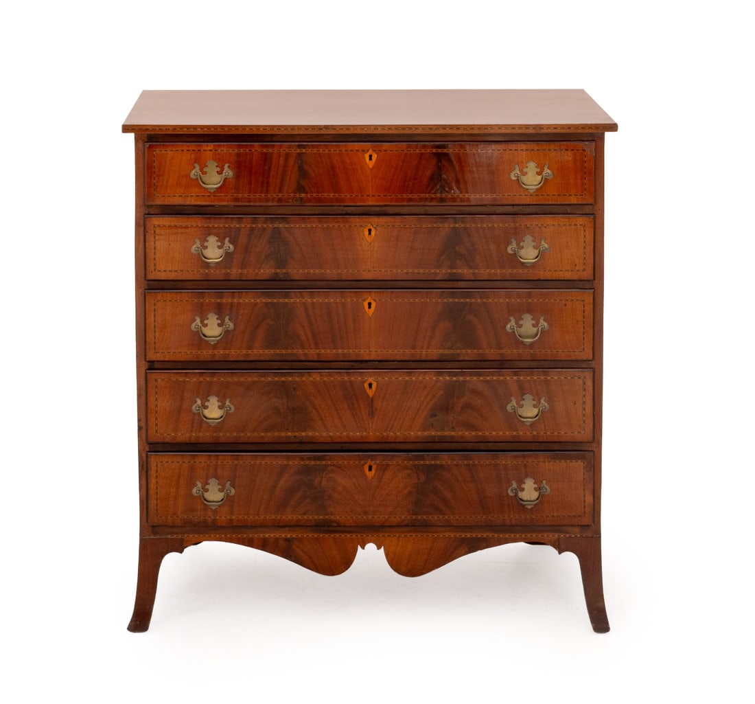 American Federal Flame Mahogany Chest of Drawers: American Federal Flame Mahogany Chest of Drawers, the rectangular top above five drawers with parquetry inlay. 42" H x 39.75" W x 19.25" D. Provenance: From a 390 West End Avenue Estate. Keywords: Ant