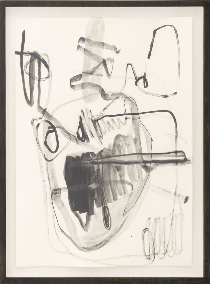 Jana Schroder Abstract Composition Ink, ca. 2020: Jana Schroder (German, b. 1983), Untitled (Abstract Composition), Ink on Paper, circa 2020, ebonized wood frame. Image: 16.5" H x 11.5" W; frame: 18.75" H x 14" W x 1.5" D. Provenance: From a Los Ange