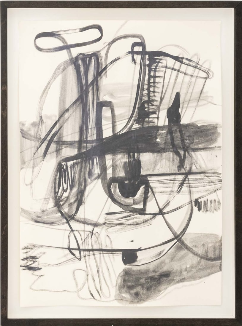 Jana Schroder Abstract Composition Ink, ca. 2020: Jana Schroder (German, b. 1983), Untitled (Abstract Composition), Ink on Paper, circa 2020, ebonized wood frame. Image: 16.25" H x 11.5" W; frame: 18.5" H x 14" W x 1.5" D. Provenance: From a Los Ange