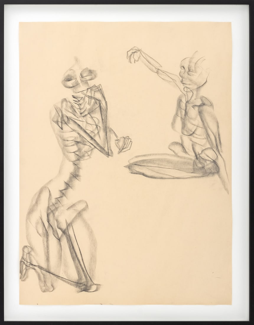 Troy Barrett "Shani Skeleton" Graphite, 2022: Troy Barrett (American, b. 1985), "Shani Skeleton", Graphite on Newsprint, 2022, signed verso, ebonized wood frame. Image: 23.5" H x 17.75" W; frame: 27.25" H x 21.5" W x 1.5" D. Provenance: From a Lo