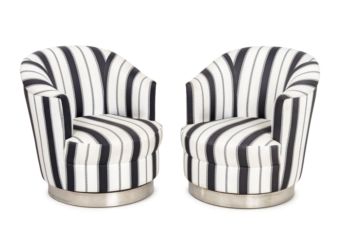 Contemporary Silk Blend Swivel Tub Chairs, 2: Pair of Contemporary Silk Blend Upholstered Swivel Tub Chairs, on chrome-plated swivel bases. 29.75" H x 24.5" W x 25" D; seat: 15" H. Provenance: From a 422 East 72nd Street Estate. Keywords: Modern