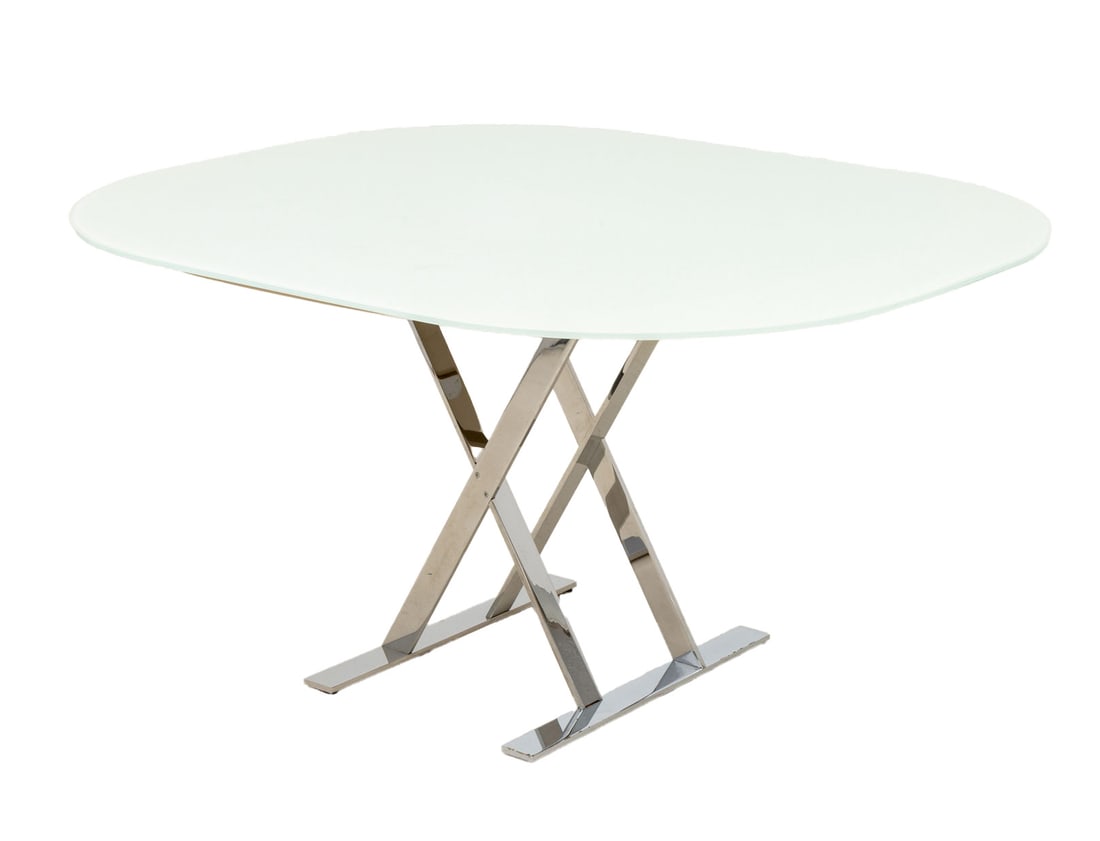 Antonio Citterio for Maxalto "Pathos" Dining Table: Antonio Citterio (Italian, b. 1950) for Maxalto "Pathos" Dining Table, with a custom made white glass top and gray glass top atop a chrome-plated X-shaped base, marked "Maxalto" to leg. Larger top: 29