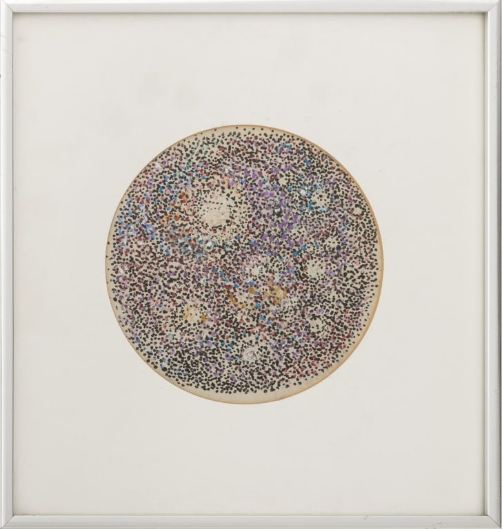 Manfred Schwartz Celestial Pointillist Gouache: Manfred Schwartz (American, born Poland, 1909-1970), Celestial Tondo Pointillist Composition, Gouache on Paper, apparently unsigned, artist estate stamp verso with Red Dot Award label, silver-tone fra