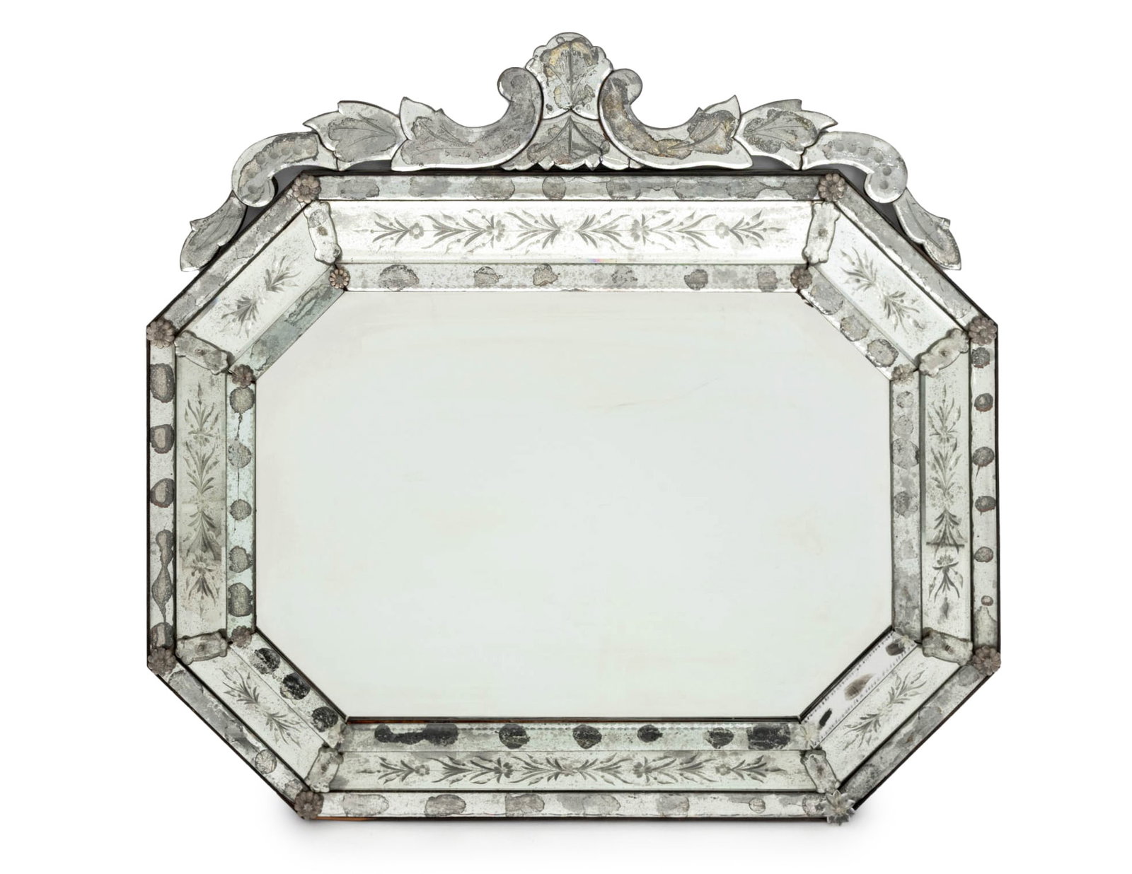 Venetian Glass Overmantel Mirror: Venetian Glass Overmantel Mirror, with etched decoration and beveled glass panels. Overall: 42.5" H x 45.5" W x 2.75" D. Provenance: From a Connecticut Estate. Keywords: Italian glass, Murano glass, V