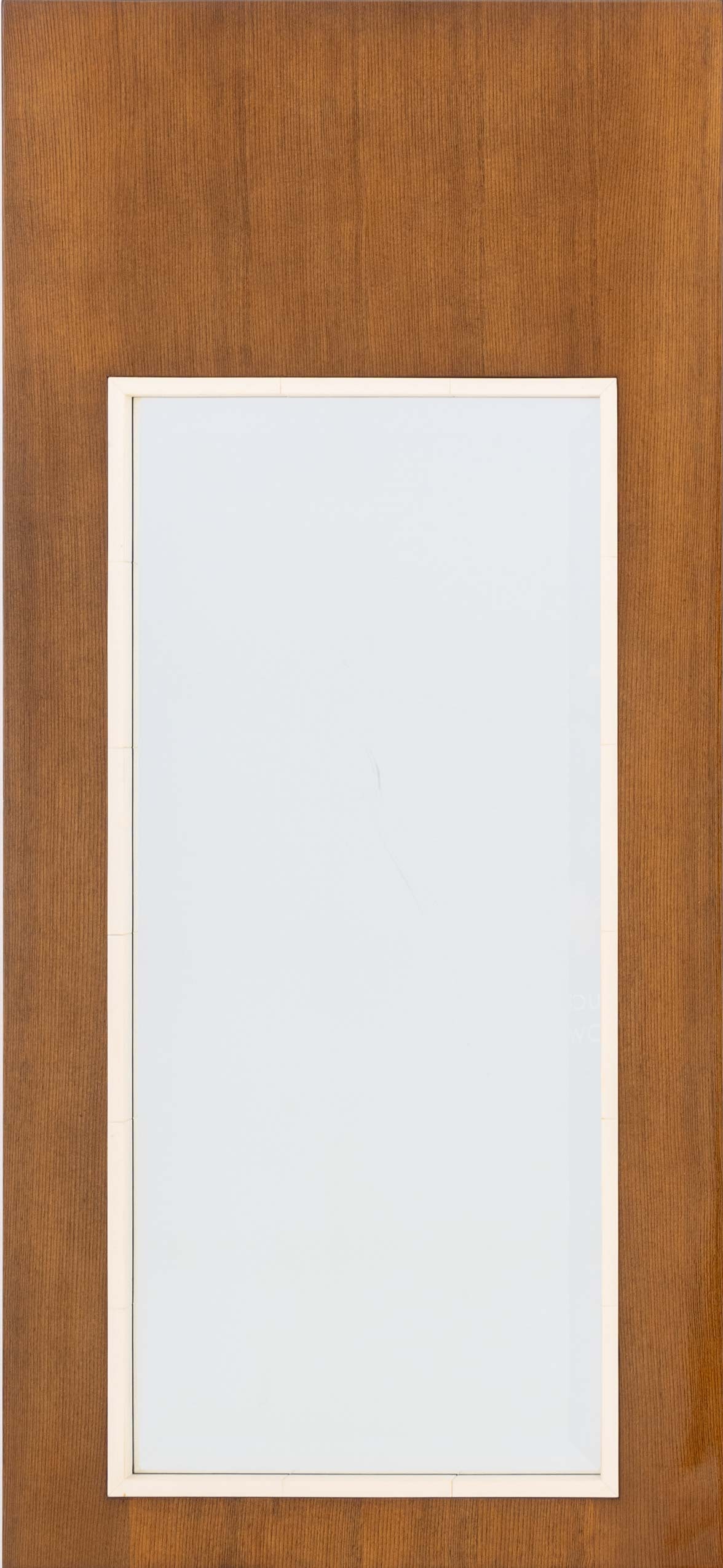 Art Deco Style Lacquered Wood Beveled Glass Mirror: Art Deco Style Lacquered Wood Beveled Glass Mirror, with faux ivory border. Mirror plate: 35.75" H x 15.75" W; frame: 52" H x 24" W x 1.5" D. Provenance: From an East 53rd Street, New York City Collec