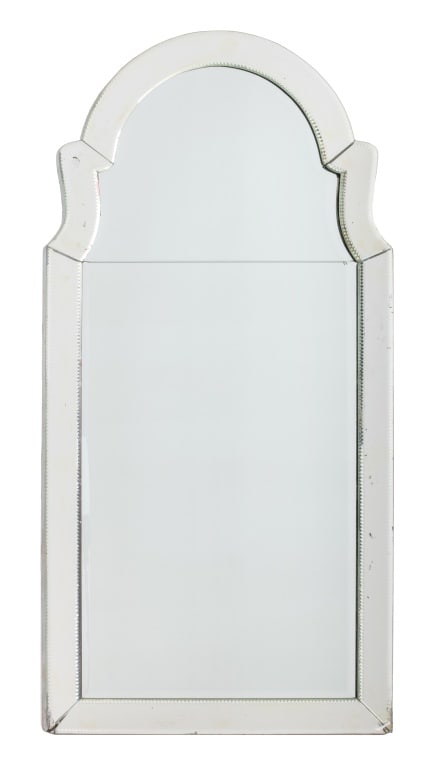 Hollywood Regency Style Full-Length Beveled Mirror: Hollywood Regency Style Full-Length Beveled Glass Mirror. 59" H x 29.25" W x 1.25" D. Provenance: From a 5th Avenue Estate. Keywords: Looking glass, Vanity, Modern design, Cut glass, Venetian Style, I