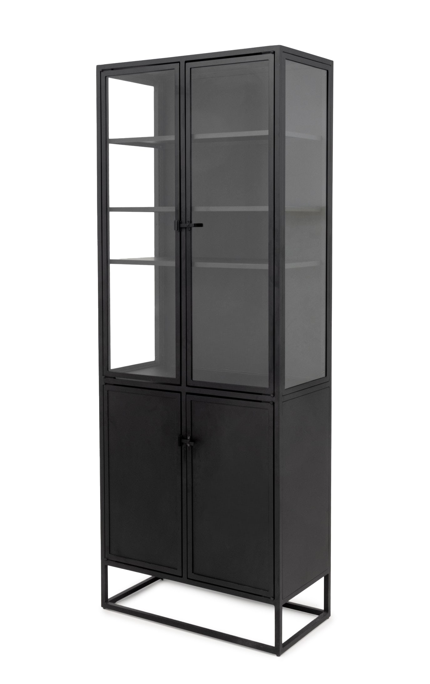 Contemporary Black Metal and Glass Etagere: Contemporary Black Metal and Glass Etagere, glass case top with four shelves above a two door cabinet. 83" H x 31" W x 16" D. Provenance: From a New York City Collection. Keywords: Contemporary Furnit