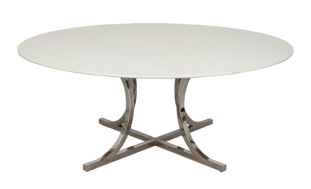 Osvaldo Borsani Style Circular Dining Table: Osvaldo Borsani Style Circular Dining Table, white top over chrome base. 30.5" H x 72" Diameter. Provenance: From a New York City Collection. Keywords: Modern Furniture, Mid-Century Modern manner, MCM