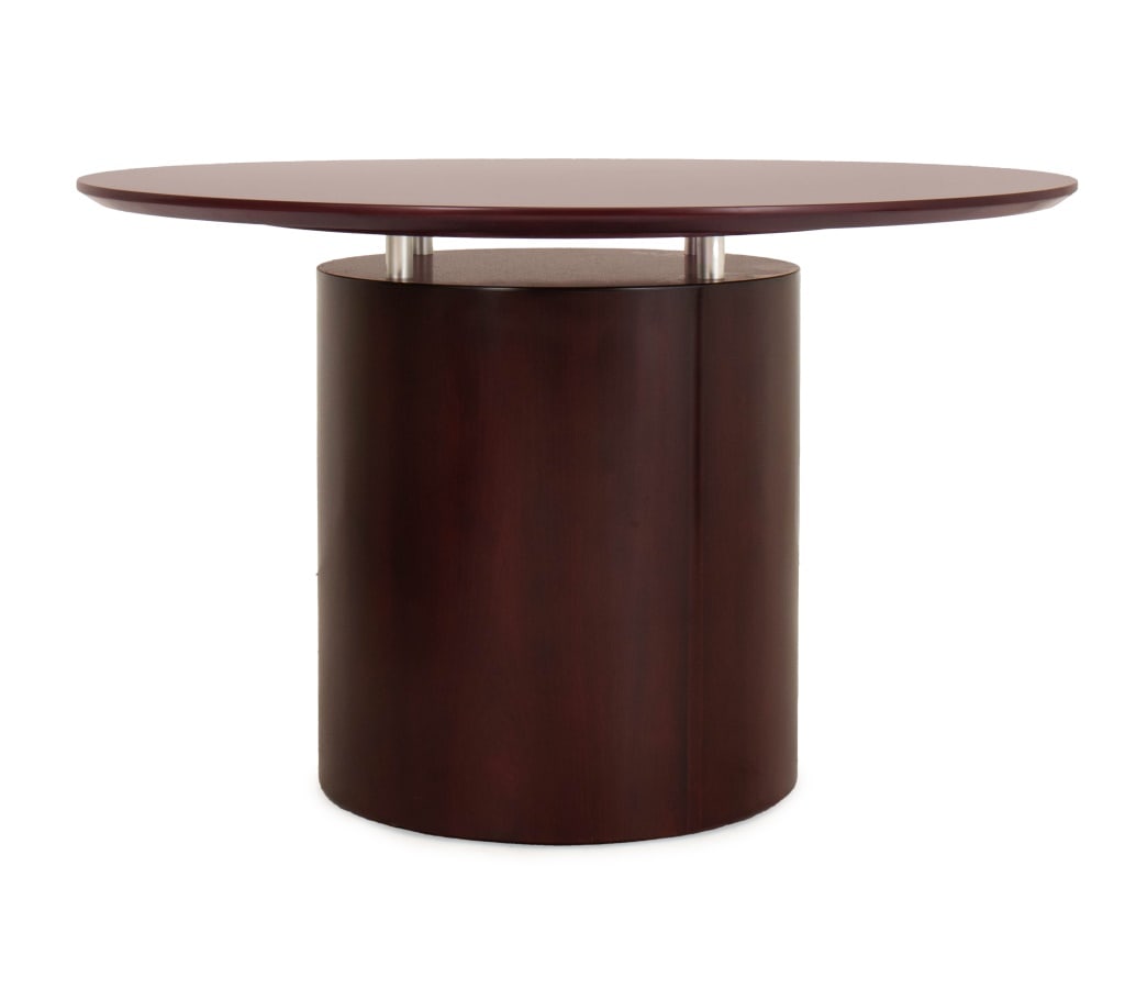 Modern Cherry Stained Circular Dining Table: Modern Cherry Stained Circular Dining Table, the top above cylindrical chrome supports raised on cylindrical pedestal base. 29.5" H x 48" Diameter. Provenance: From a 333 East 75th Street Estate. Keyw