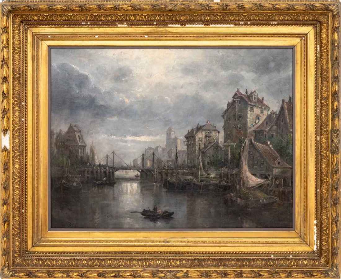 Carl Dietze Village Landscape Scene Oil on Canvas: Carl Dietze (XIX), Village Landscape Scene with Canals, Oil on Canvas, signed lower left, giltwood frame. Image: 30" H x 40.25" W; frame: 47" H x 56.25" W x 5.5" D. Provenance: From a Brooklyn