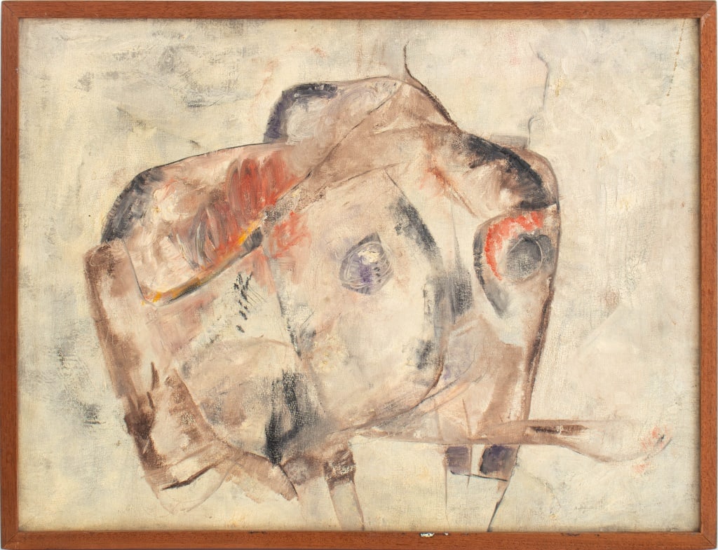 Jean Hebbeln Abstract Composition Oil on Canvas: Jean Hebbeln (American, 1914-1956), Untitled (Abstract Composition), Oil on Canvas, Art Students League of New York label verso, wood frame. Image: 18.75" H x 24.75" W; frame: 20" H x 26" W. Provenanc
