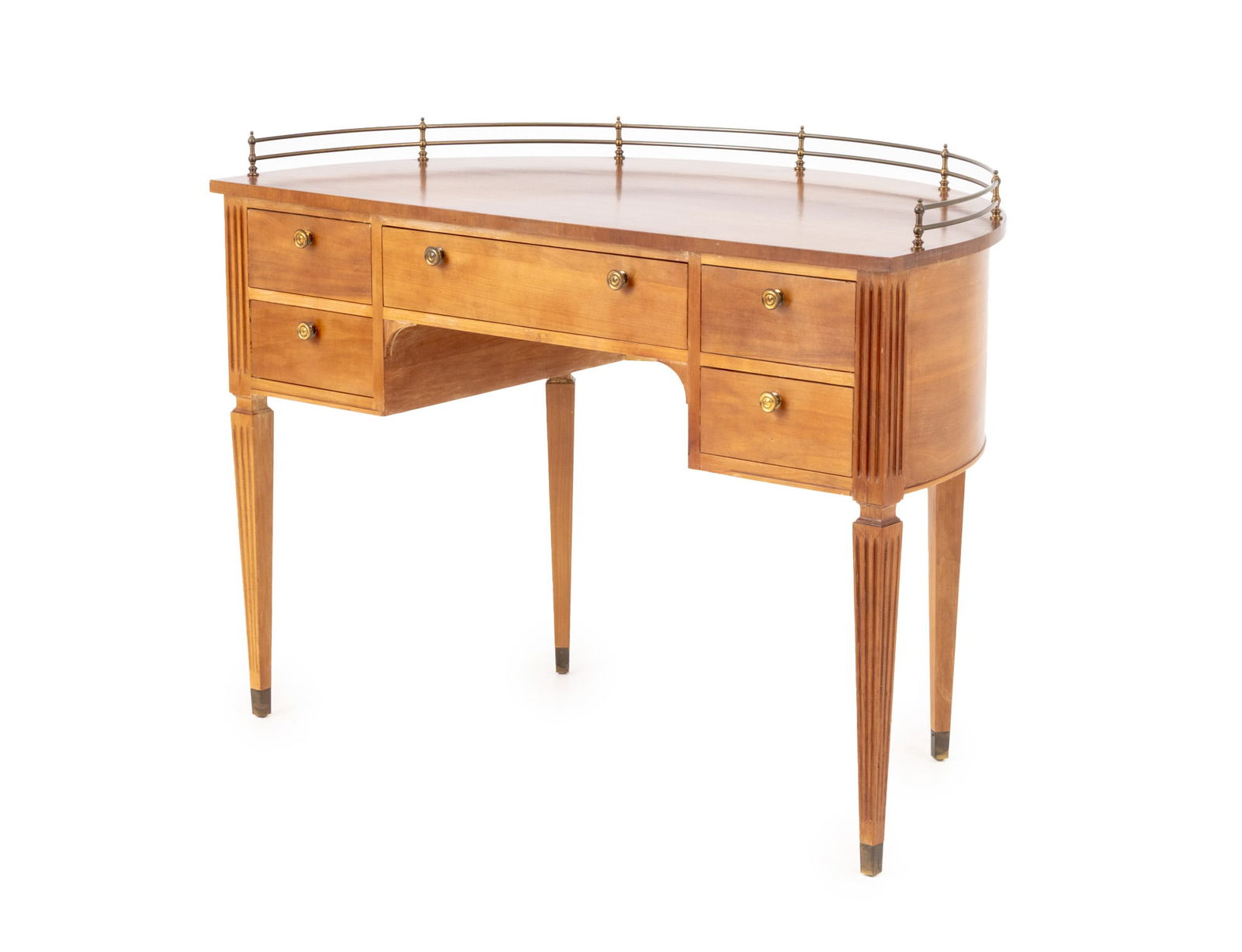 Biedermeier Style Demilune Walnut Desk: Biedermeier Style Demilune Walnut Desk, with brass half-galleried top above one frieze drawers flanked by two short drawers on four fluted tapered feet. 32" H x 44" W x 24" D. Provenance: From a Conne