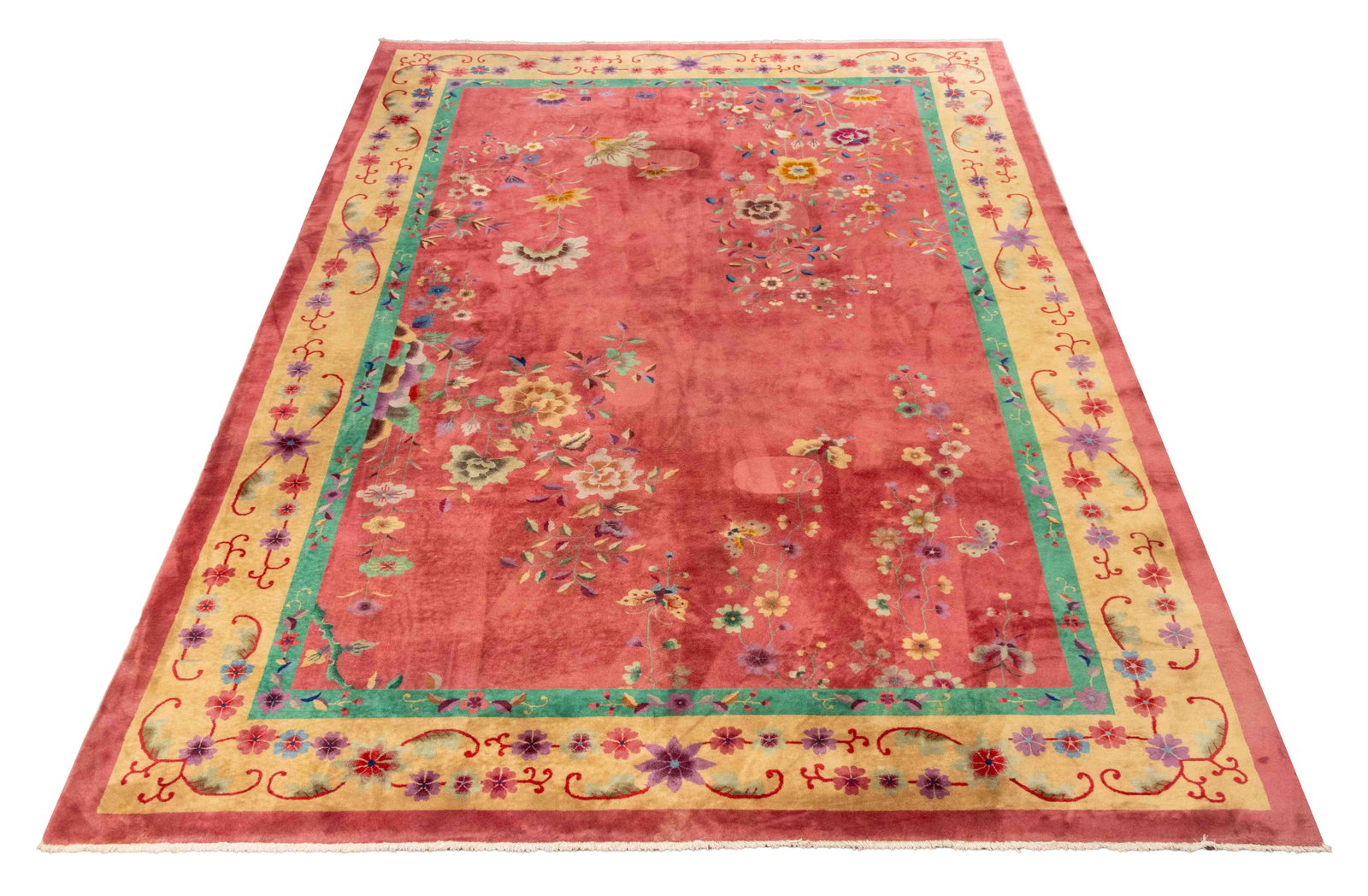 Chinese Art Deco Carpet, 14' 2" x 9' 11": Chinese Art Deco Wool Carpet, red ground with floral motif. 14' 2" L x 9' 11" W. Provenance: The Estate of Gilbert C. Maurer, Director and Former COO of Hearst, Former President of the Whitney Museum