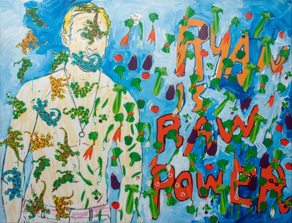 James Franco "Coloring Book" Oil on Canvas, 2015: James Franco (American, b. 1978), "Coloring Book", Oil on Digital Printed Canvas, 2015, depicting a portrait of Ryan Gosling (Canadian, b. 1980) with vegetables and lizards, text reading "RYAN IS RAW