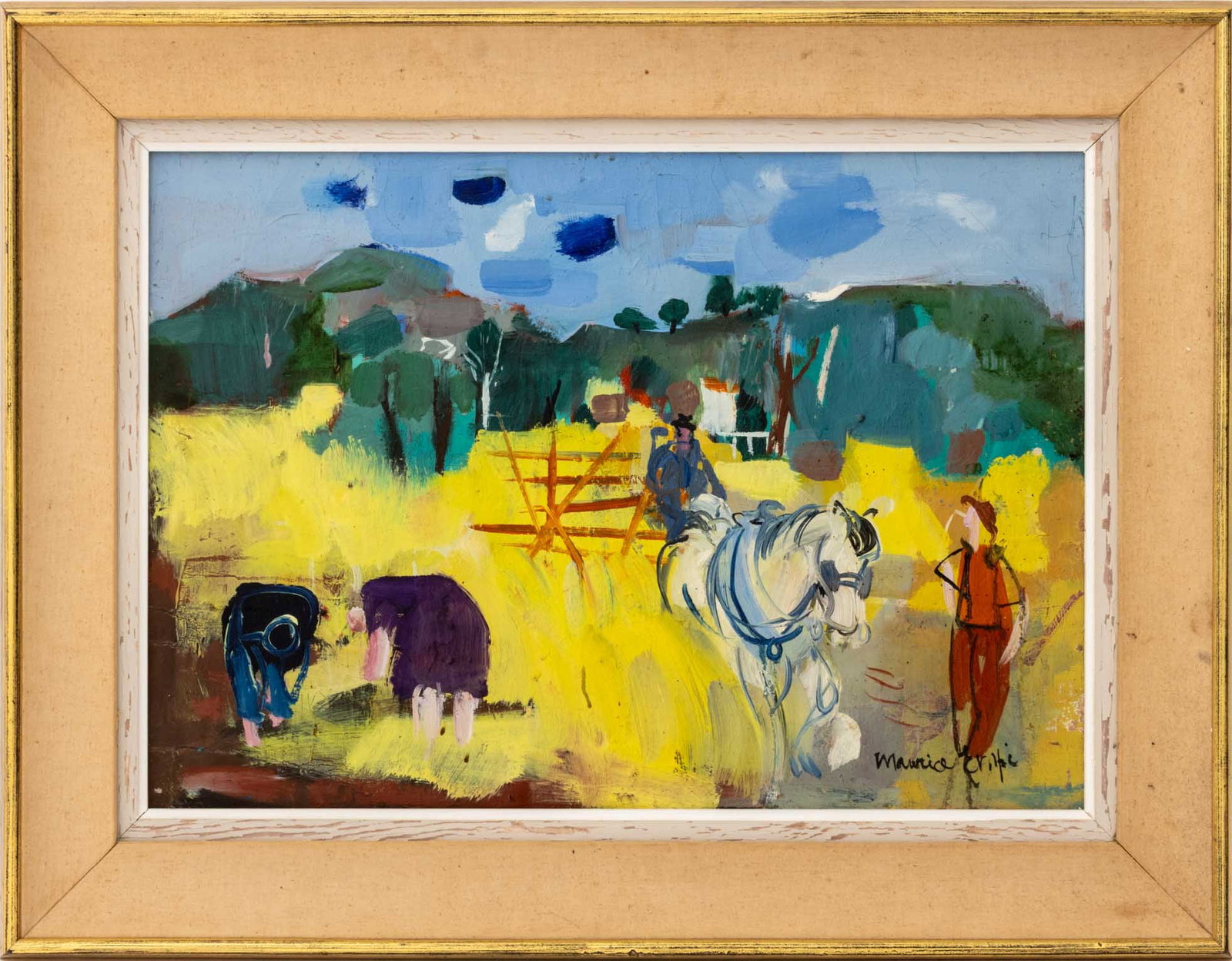 Maurice Gripe "Harvesting Wheat" Oil on Canvas: Maurice Gripe (French, XX), "Harvesting Wheat", Oil on Canvas, signed lower right, label verso, giltwood frame. Image: 17.25" H x 24.75" W; frame: 25.25" H x 35.25" W x 1.75" D. Provenance: From a Con