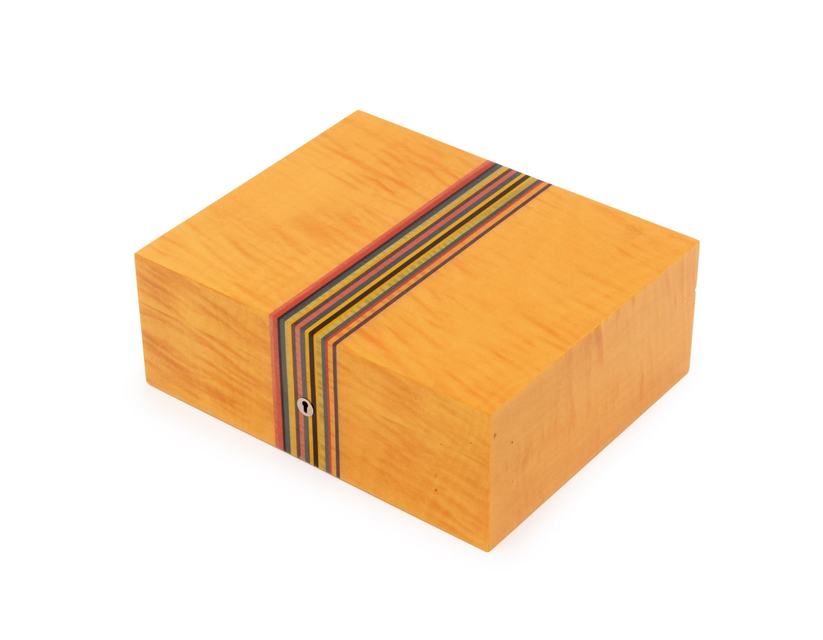 Elie Bleu Rainbow Striped Satinwood Cigar Humidor: Elie Bleu Rainbow Striped Satinwood Cigar Humidor, marked "Elie Blue Paris" inside. 4.5" H x 12" W x 9.75" D. Provenance: From a One Central Park West Estate. Keywords: Designer, French, Luxury brand,