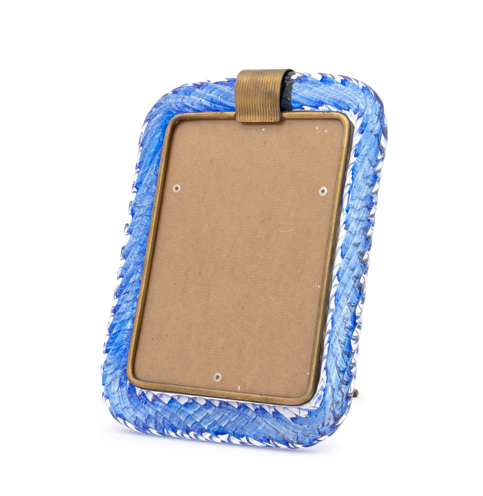 Barovier & Toso Murano Glass Picture Frame: Barovier and Toso Murano Gold-Flecked Blue Glass and Brass Picture Frame, unmarked. 12" H x 9.25" W x 7.75" D. Provenance: From a One Central Park West Estate. Keywords: Torciglione, Murano Glass, Ita