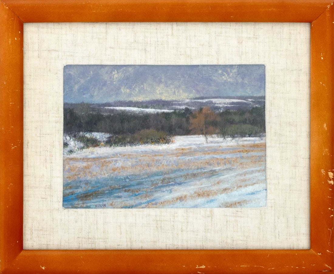 James Ridlon "Blue Sky Silence" Oil: James Ridlon (American, b. 1934), "Blue Sky Silence", Oil on Board, depicting a winter landscape scene, signed lower left, titled verso, wood frame. Image: 4.75" H x 6.75" W; frame: 9.25" H x 11.25" W