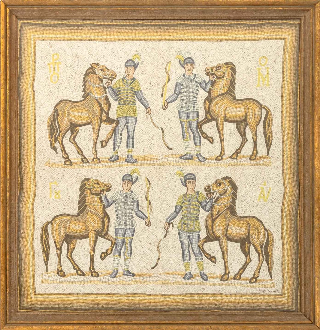 Hermes "Les Auriges" Framed Silk Scarf: Hermes "Les Auriges" or "Mosaique" Framed Silk Scarf, marked "Hermes Paris" lower right, giltwood frame. Image: 32.5" H x 31.5" W; frame: 36.75" H x 35.5" W x 1.25" D. Provenance: From a Connecticut