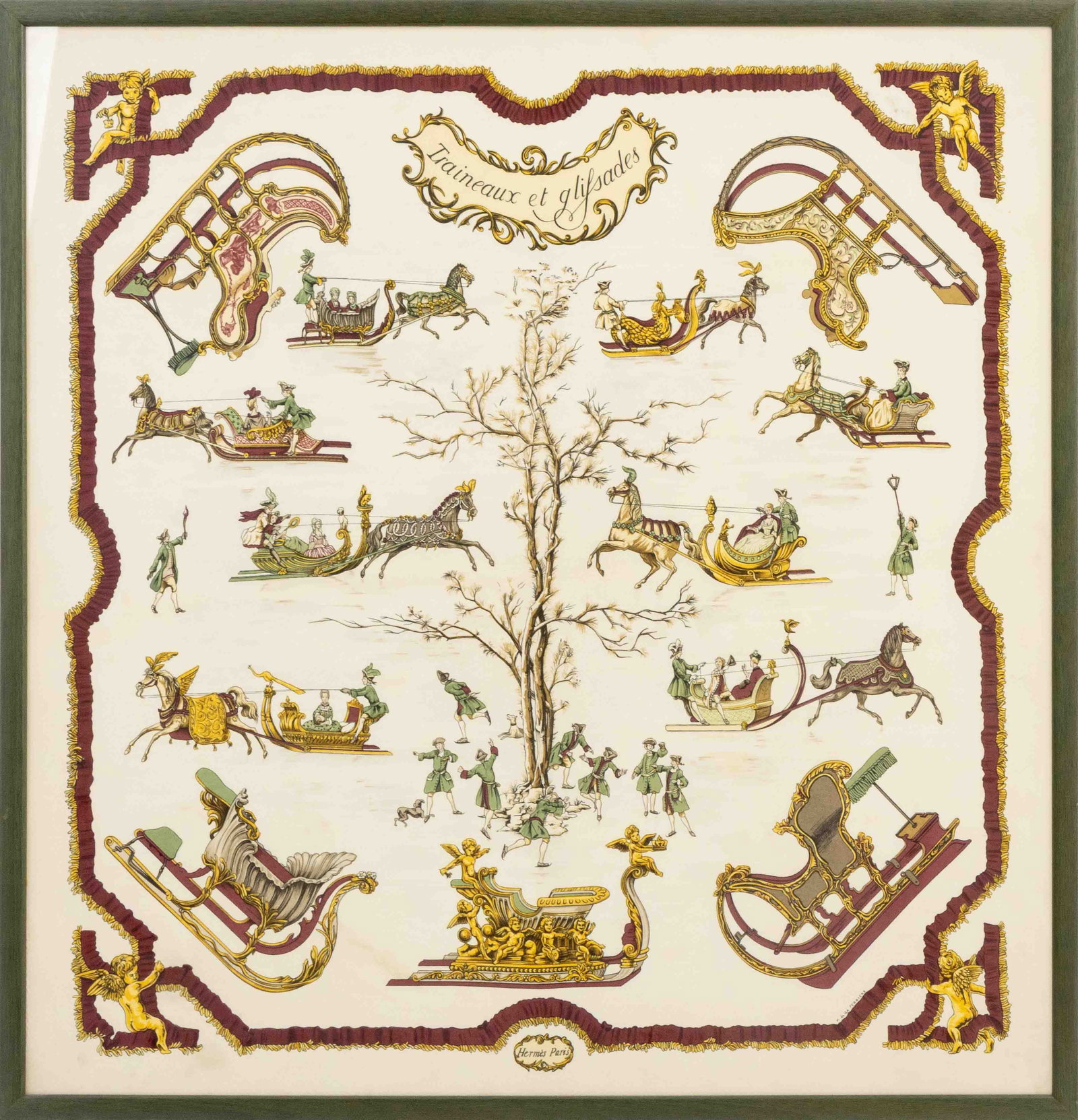 Hermes "Traineaux et Glissades" Framed Silk Scarf: Hermes "Traineaux et Glisades" Framed Silk Scarf, marked to center, green painted frame. Image: 35" H x 33.25" W; frame: 36.5" H x 35" W x 0.5" D. Provenance: From a New York City Private Collection.