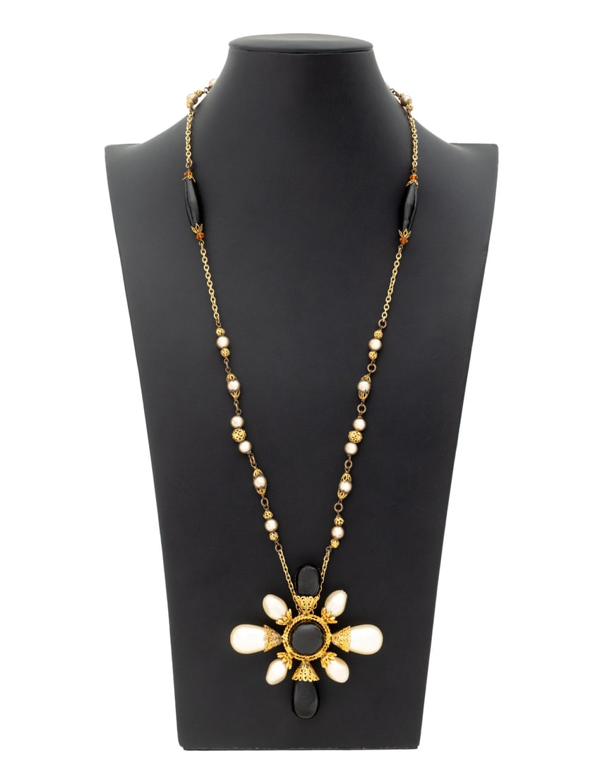 Valentino Gripoix & Faux Pearl Gold-Tone Necklace: Valentino Gripoix and Faux Pearl Gold-Tone Necklace, marked "Valentino / Made in France" to reverse. 30" L. Provenance: From a New York City Collection. Keywords: Italian designer, Jewelry,