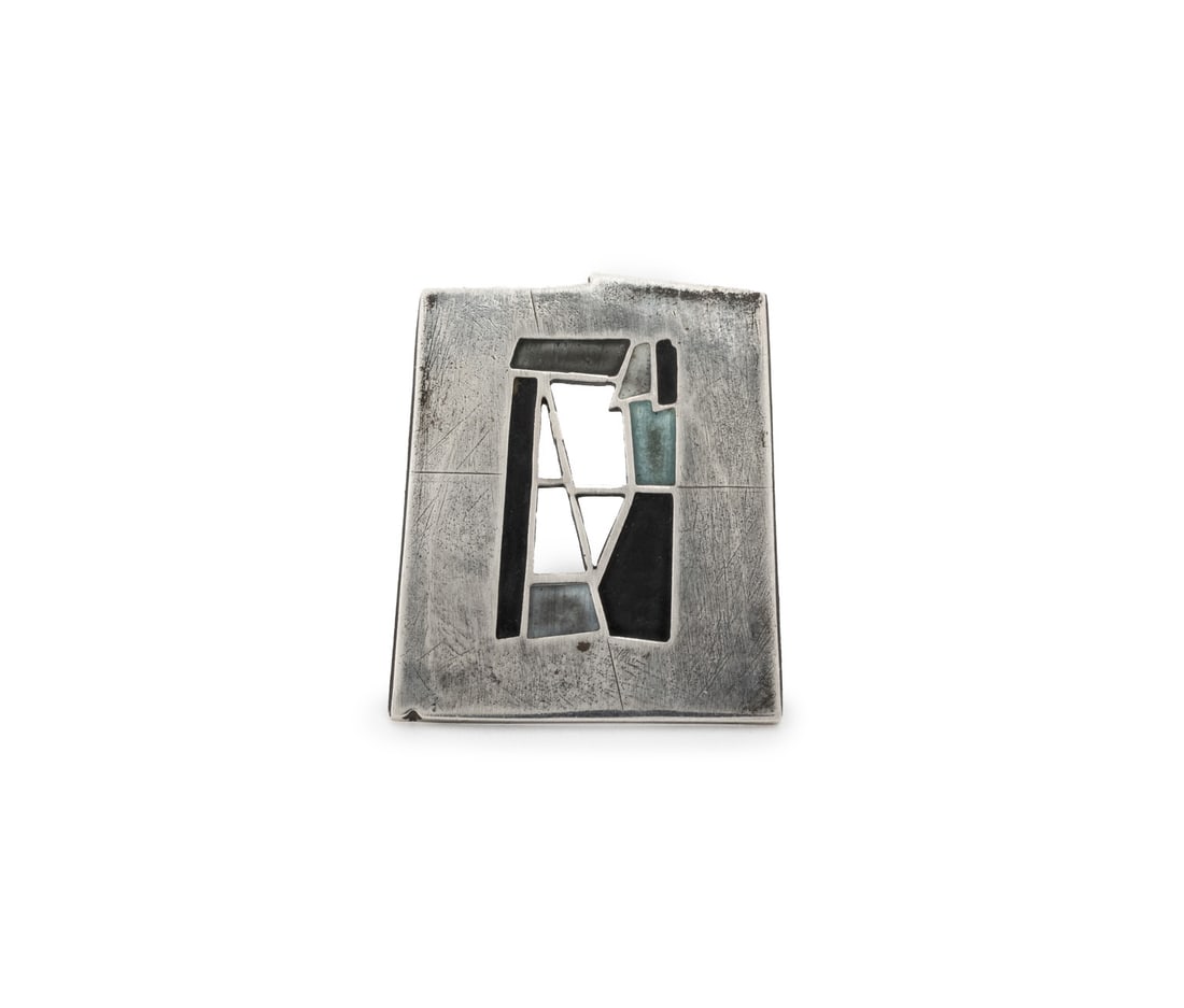 Carly Wright 925 Silver Enamel Brooch: Carly Wright Sterling Silver Enamel Brooch, designed as a quadrilateral with enameled panels and openwork, worn through fabric with pinstem, joint and catch, marked: "Carly Wright Sterling". Measuring