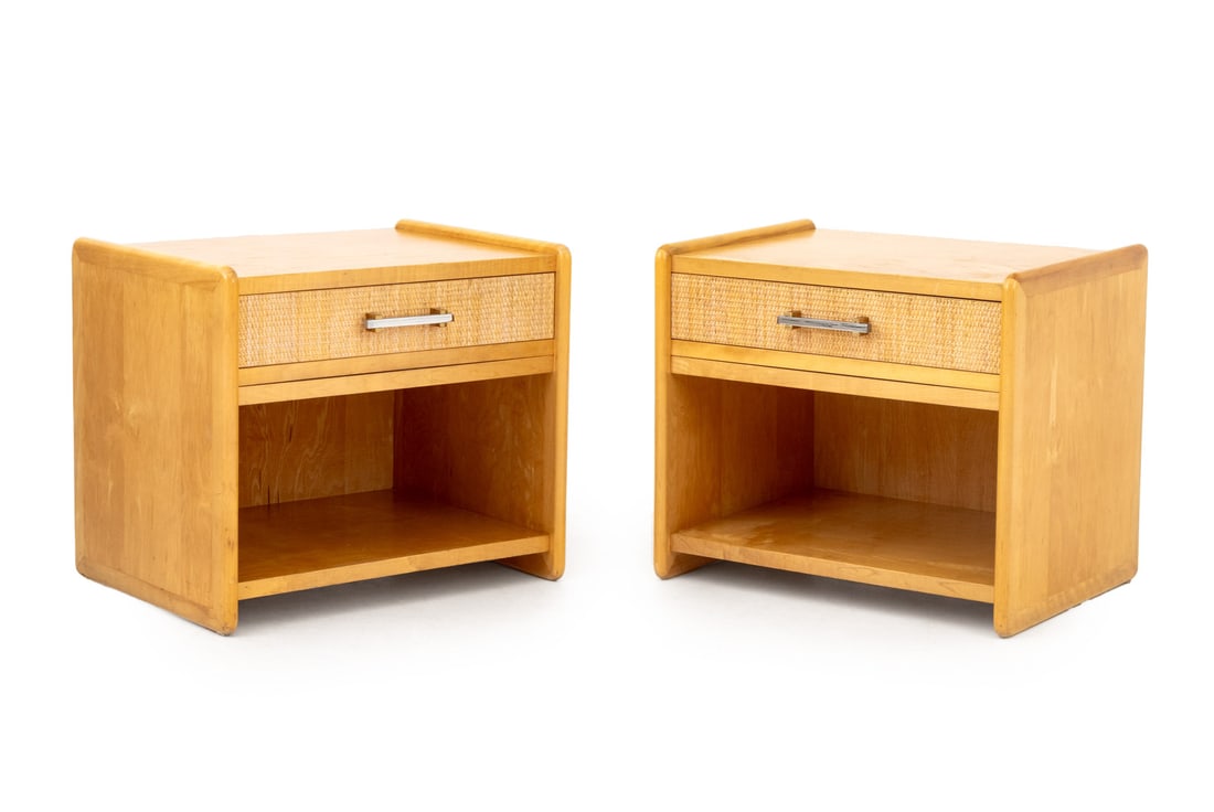 Modern Walnut and Rattan Nightstands, Pair: Pair of Modern Walnut and Rattan Nightstands, each with single drawer with divided interior above an open shelf. 20.75" H x 24" W x 18" D. Provenance: From a New York City Collection. Keywords: Vintag