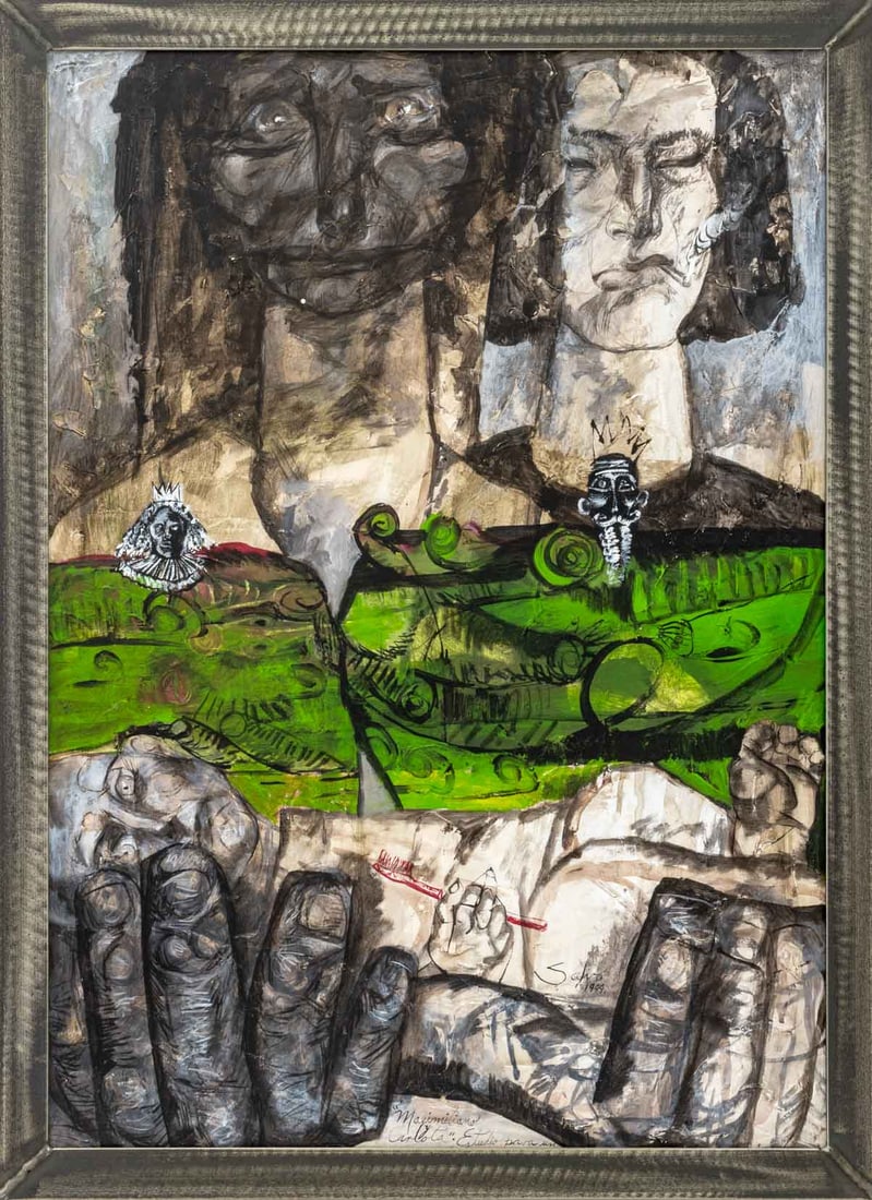 Salvo "Maximilian Carloto" Mixed Media, 1999: Salvo (XX-XXI), "Maximilian Carloto", Acrylic and Ink on Linen, 1999, signed and dated lower right, titled lower center, metal frame. Image: 26.5" H x 19" W; frame: 29.25" H x 21.5" W x 1.25" D. Prove