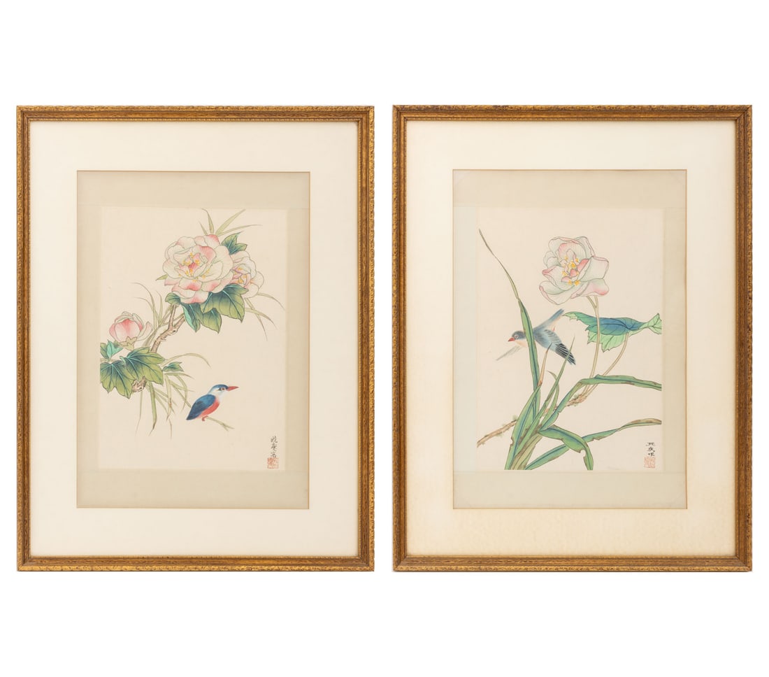 Chinese School Birds and Flowers Gouache, Pair: Chinese School, Pair of Birds and Flowers Scenes, Gouache on Paper, each with artist chop seal and signature lower right, giltwood frames. Image: 14" H x 10" W; frame: 25" H x 19.25" W x 1" D. Provena