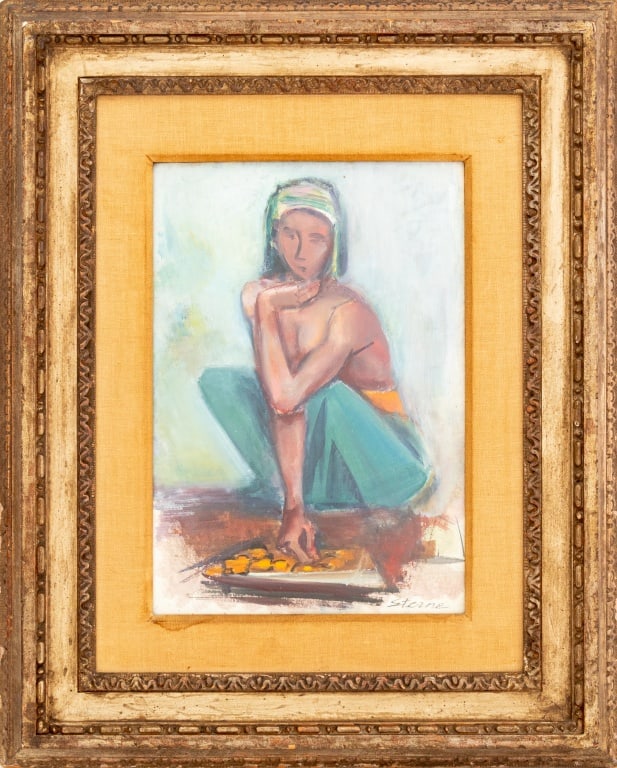 Maurice Sterne Girl with Basket Oil on Paper: Maurice H. Sterne (American, 1877-1957), Girl Squatting with Basket, Oil on Paper Laid to Board, depicting a Balinese youth wearing a head wrap and skirt, signed lower right, with Doyle auction label