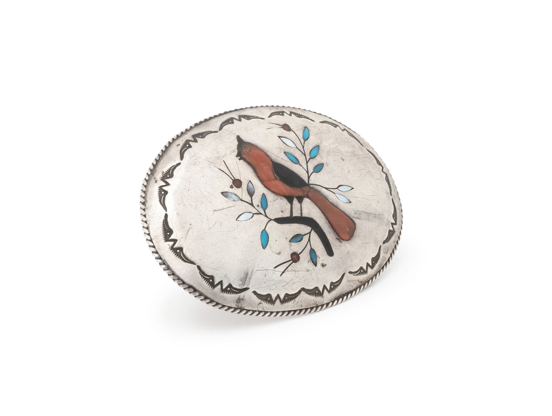 Ben Boyd Navajo Dine 950 Silver Inlay Belt Buckle: Benson Boyd Navajo Dine 950 Silver Inlay Belt Buckle, designed with decorative tribal stamp work and inlaid coral, mother-of-pearl, and onyx depicting a male cardinal perched on a branch, worn with hi