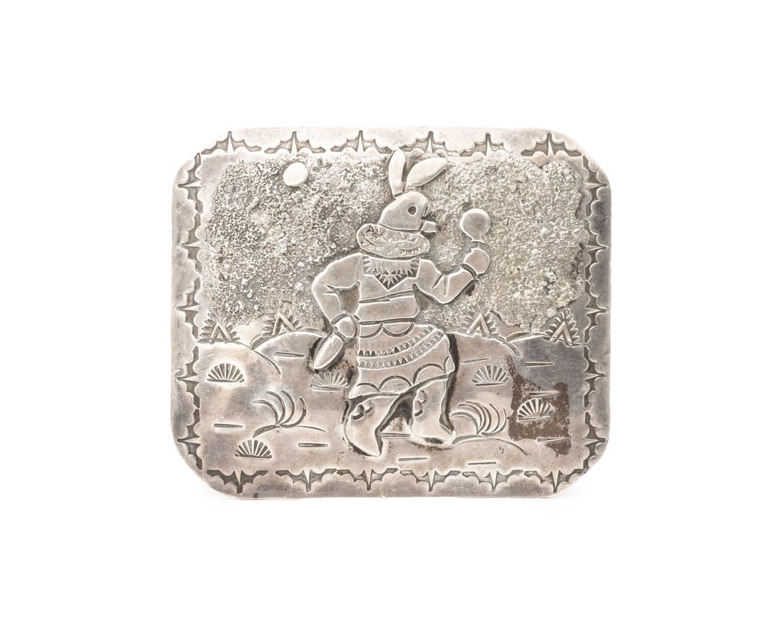Robert Becenti 925 Silver Storyteller Belt Buckle: Robert Becenti Navajo Dine Sterling Silver Storyteller Belt Buckle, designed with decorative tribal repousse work, depicting traditional Navajo storyteller figure in desert landscape, worn with hinged