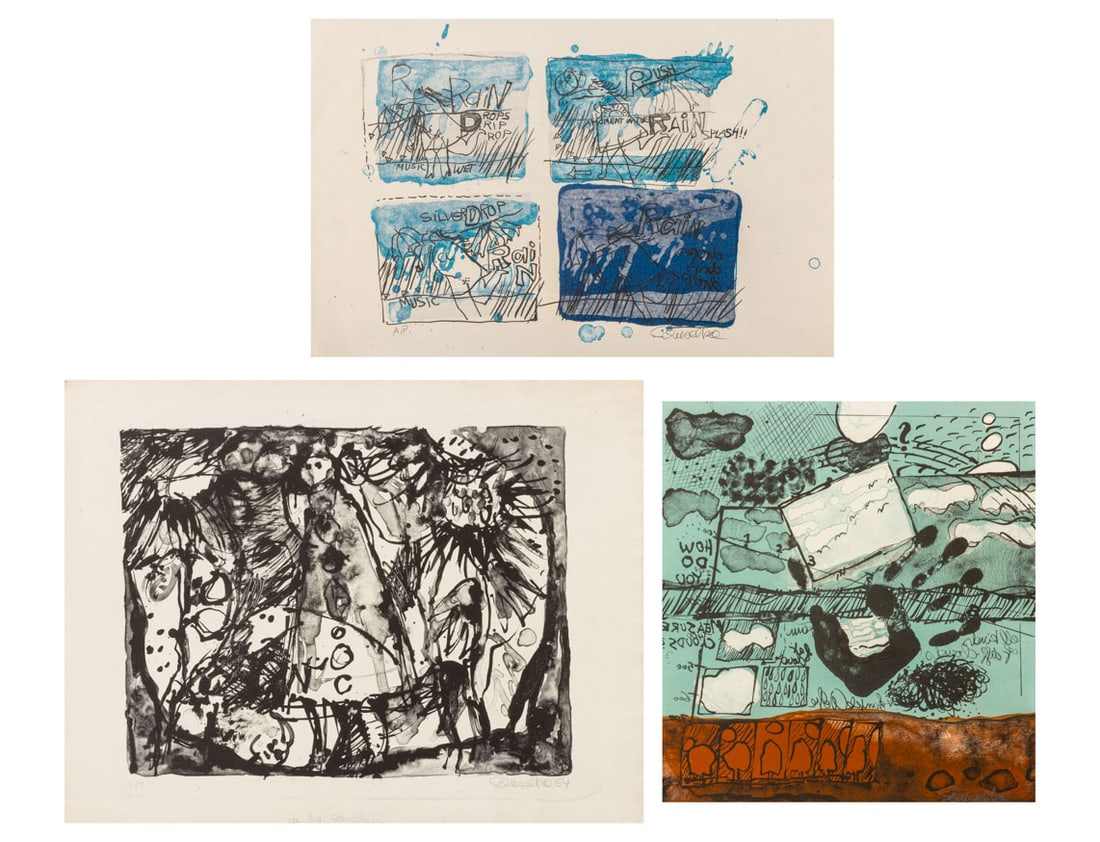 Elfi Schuselka Abstract Composition Prints, 3: Elfi Schuselka (Austrian, b. 1940), Three Abstract Compositions, Prints in Colors, comprising: "Rain Drops Drip Drop", lithograph in colors, signed in pencil lower right and marked Artist's Proof edit