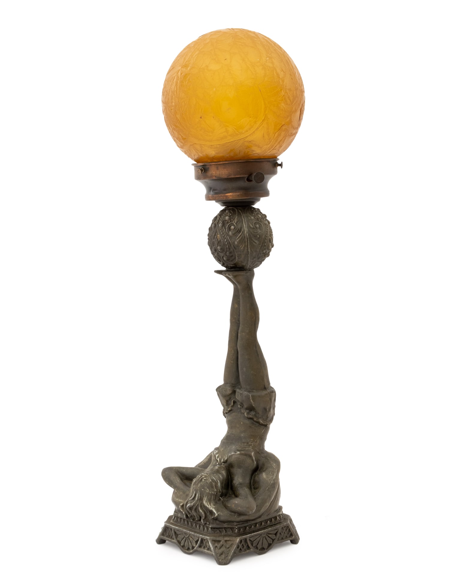 Art Deco Figural Amber Glass Globe Shade Lamp (1 of 10)