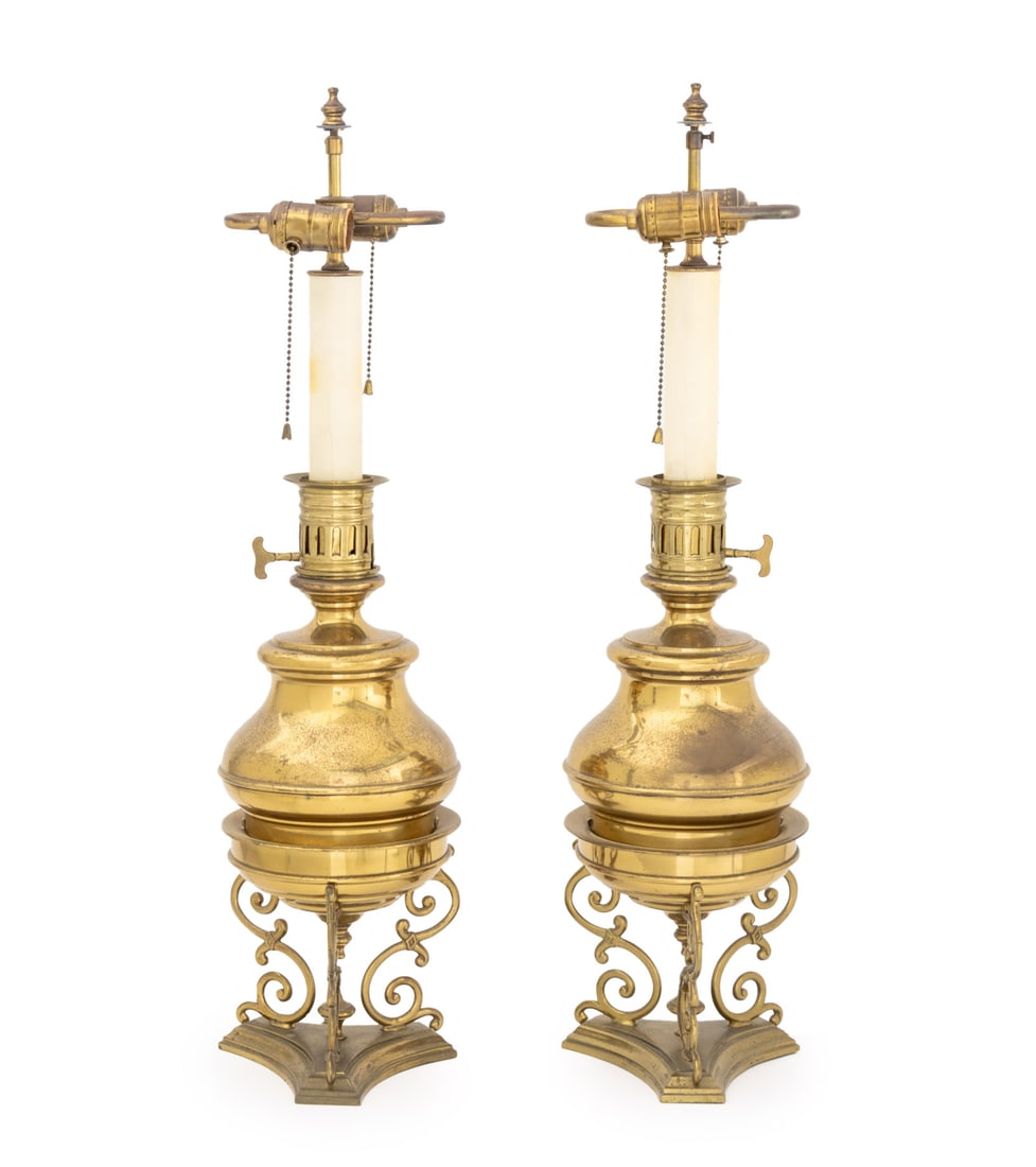 Regency Style Brass Electrified Oil Lamps, Pair (1 of 7)