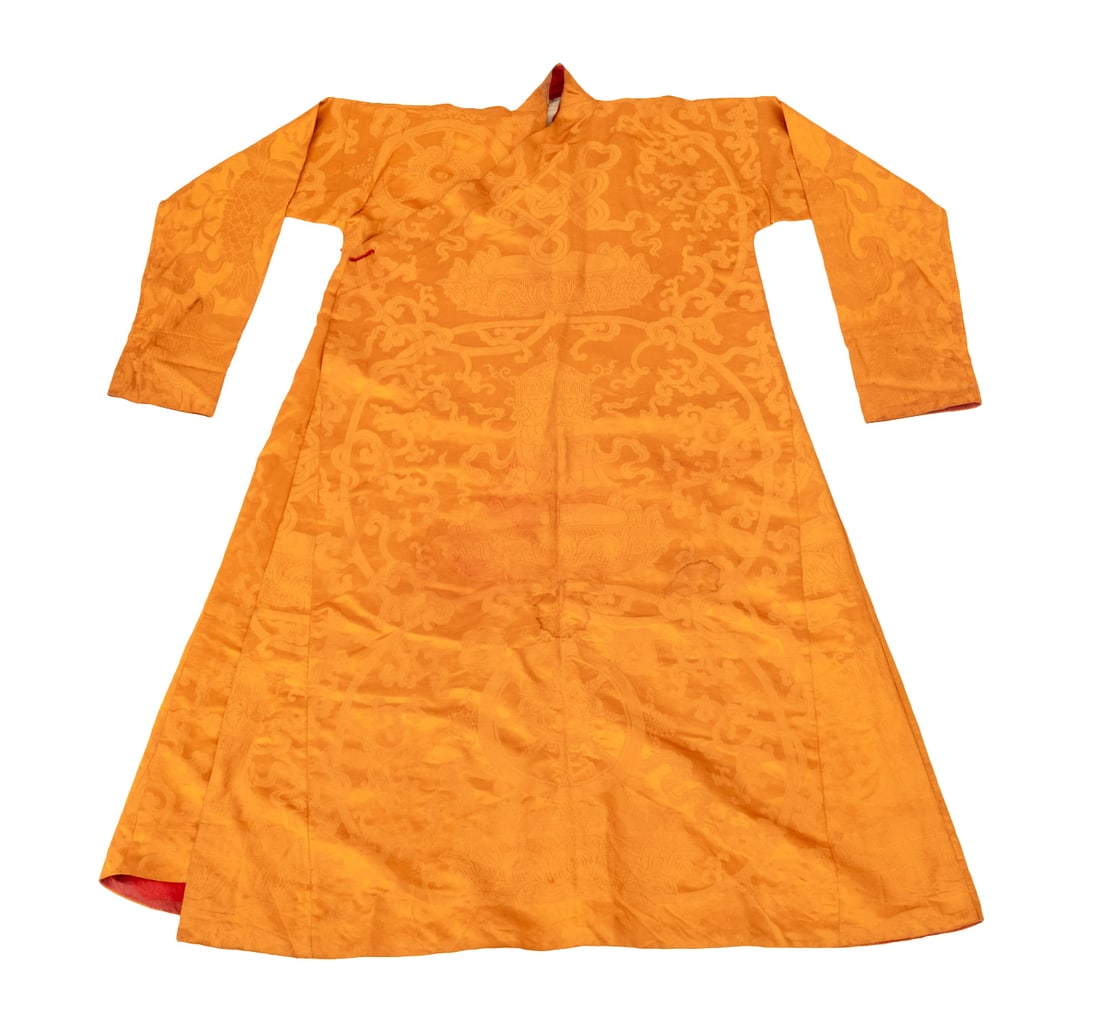 Chinese Orange Silk Brocade Robe, Early 20th C.: Chinese Orange Silk Brocade Robe, early 20th century, hand-embroidered with Buddhist auspicious symbols. 61.5" L x 84" W. Provenance: From the Estate of Joseph Lawrence Gardella. Keywords: Asian Art,