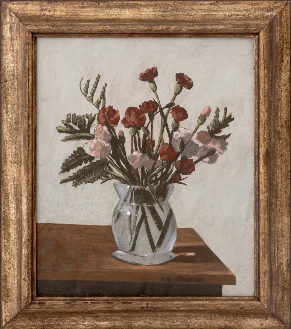 Mihai Stancescu Floral Bouquet Still Life Oil: Mihai Stancescu (Romanian/American, b. 1966), Floral Bouquet Still Life Scene, Oil on Canvas, signed lower right, silvered wood frame. Image: 18.5" H x 15.5" W; frame: 24" H x 21" W x 2" D. Provenance