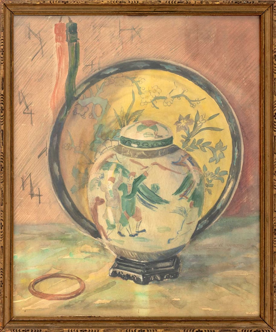 Elizabeth Hamilton Still Life Watercolor, 1927: Elizabeth Hamilton (American, XX), Still Life Scene, Watercolor on Paper Laid on Board, 1927, tableaux of Chinese porcelain, signed and dated lower right, wood frame. Image: 16.75" H x 13.75" W; frame