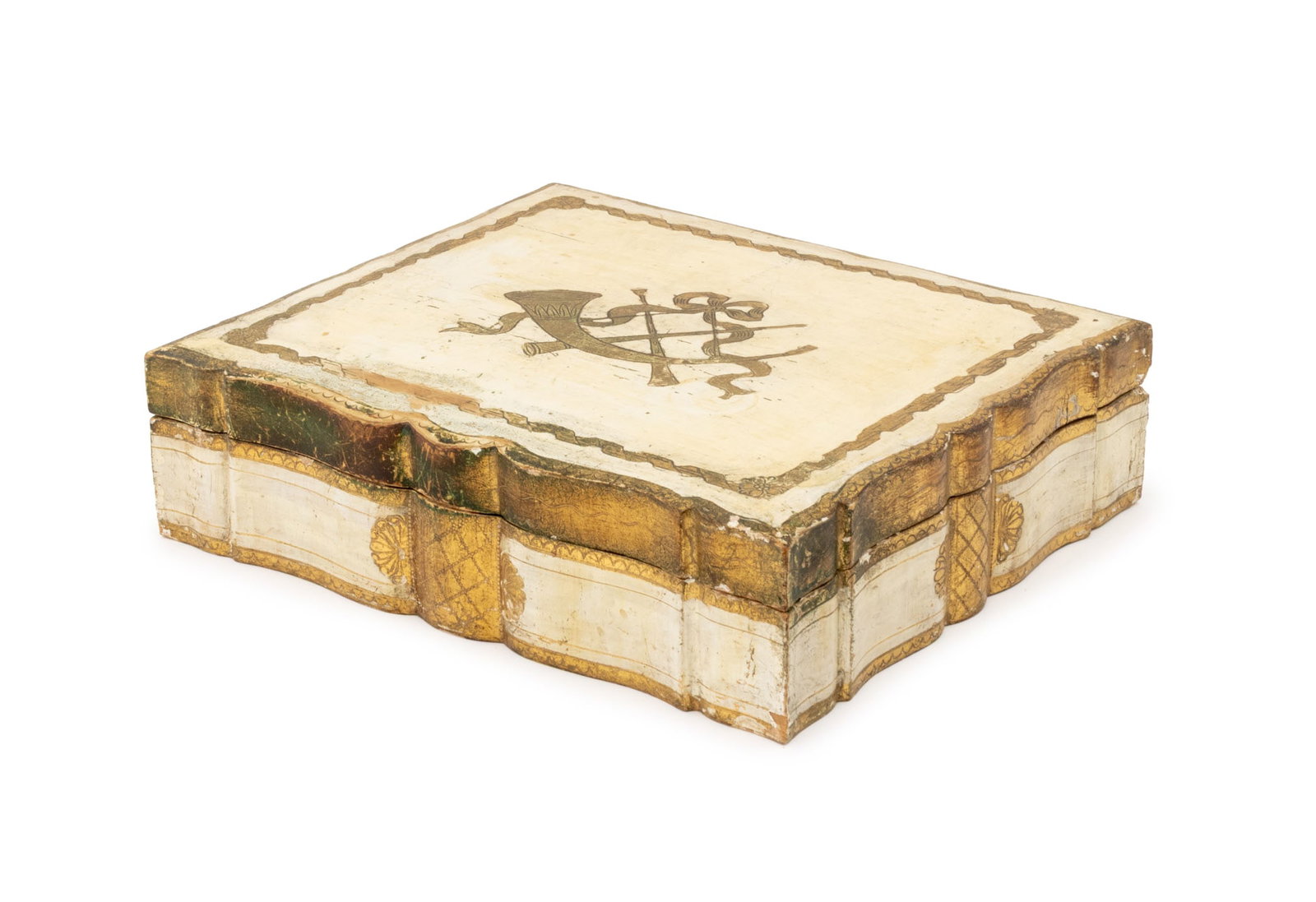 Florentine Painted and Gilt Decorated Vanity Box: Florentine Painted and Gilt Decorated Vanity Box, with horn and ribbon design to the lid opening to divided interior and hinged frame. 3.75" H x 14" W x 12" D. Provenance: From a New York City Private