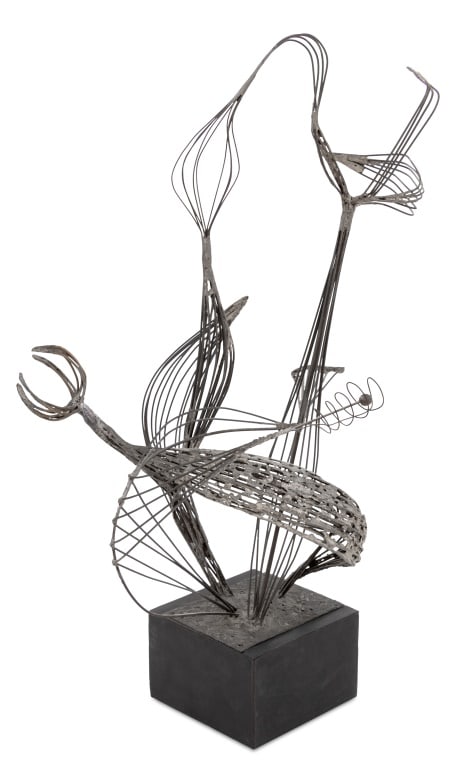 American School Abstract Floral Wire Sculpture: American School Abstract Floral Wire Sculpture, late 20th century, mounted on wood base. 36.5" H x 20.5" W x 16" D. Provenance: From a 5th Avenue Estate. Keywords: Statue, Metalwork, Sculptural, Linea