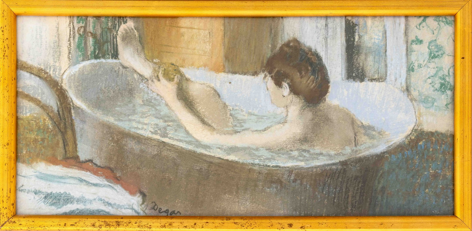 After Degas "Woman in Her Bath, Sponging Her Leg": After Edgar Degas (French, 1834-1917), "Woman in Her Bath, Sponging Her Leg", Offset Lithograph in Colors, signed in print lower left, giltwood frame. Image: 6.5" H x 14" W; frame: 7.5" H x 15.25" x 0