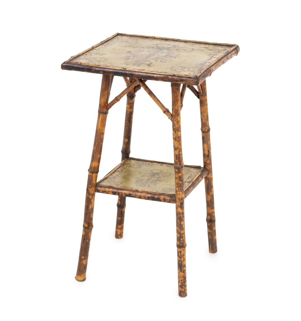 Aesthetic Movement Bamboo Two-Tier Side Table: Aesthetic Movement Bamboo Two-Tier Side Table, with green painted decoupage tops. 25.5" H x 15.25" W x 15.5" D. Provenance: From a New York City Private Collection. Keywords: Antique Furniture, End ta