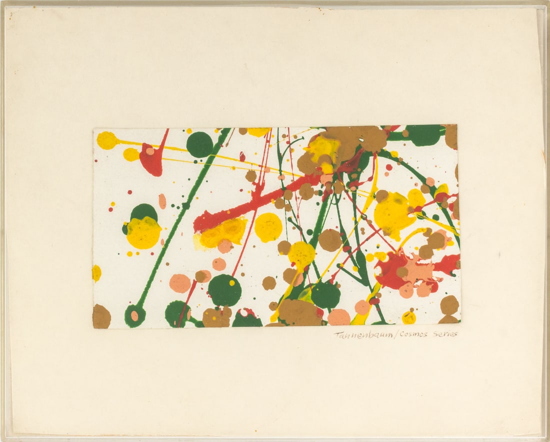 Signed "Cosmos Series" Gouache on Paper: 20th Century School, "Cosmos Series", Gouache on Paper mounted on mat board, signed "Tannenbaum" and titled lower right, clear acrylic shadowbox frame. Image: 3.75" H x 6.75" W; frame: 8.25" H x 10.25