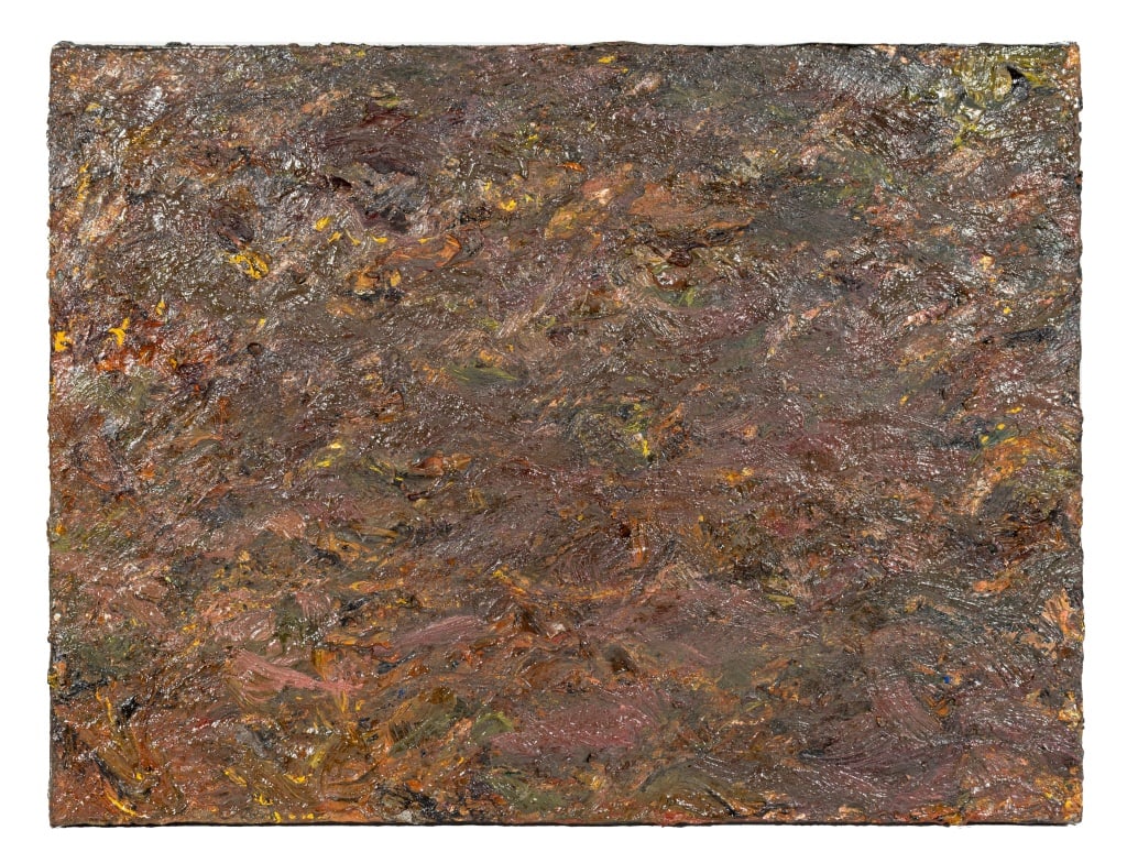 Andy Miller Abstract Composition Oil on Canvas: Andy Miller (American, b. 1950), Abstract Composition, Oil on Canvas, impasto details, dark brown with red and green hues, unsigned, artist's studio stamp to verso, unframed. 12.25" H x 16.25" W. Prov
