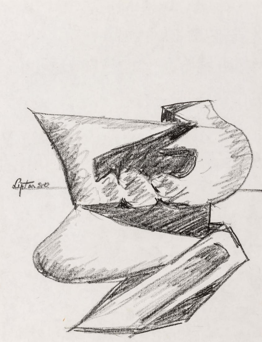 Seymour Lipton Sculpture Study Sketch, 1980: Seymour Lipton (American, 1903-1986), Abstract Expressionist Sculpture Study Sketch, Oil Crayon on Paper, 1980, signed and dated lower left, unframed. 11" H x 8.5" W. Provenance: From a Brooklyn Colle