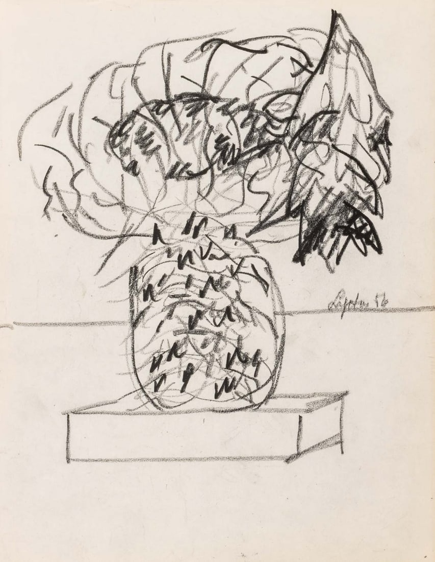 Seymour Lipton Sculpture Study Sketch, 1956: Seymour Lipton (American, 1903-1986), Abstract Expressionist Sculpture Study Sketch, Oil Crayon on Paper, 1956, signed and dated lower right, unframed. 11" H x 8.5" W. Provenance: From a Brooklyn Coll