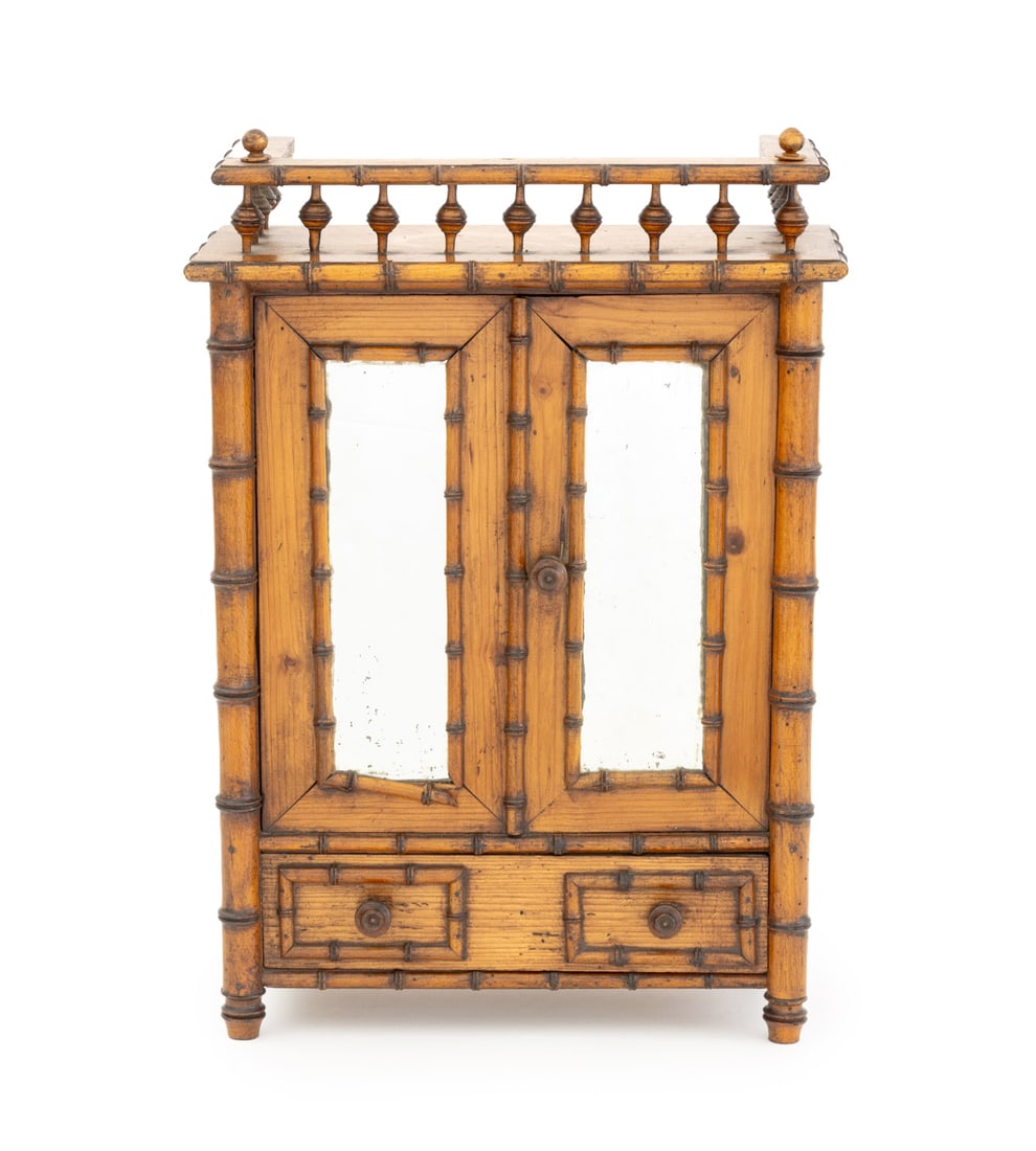 Napoleon III Faux Bamboo Miniature Armoire: Napoleon III Faux Bamboo Miniature Armoire, with galleried top and two mirrored doors above one drawer. 17.75" H x 12.25" W x 5" D. Provenance: From a New York City Estate. Keywords: Antique Furniture